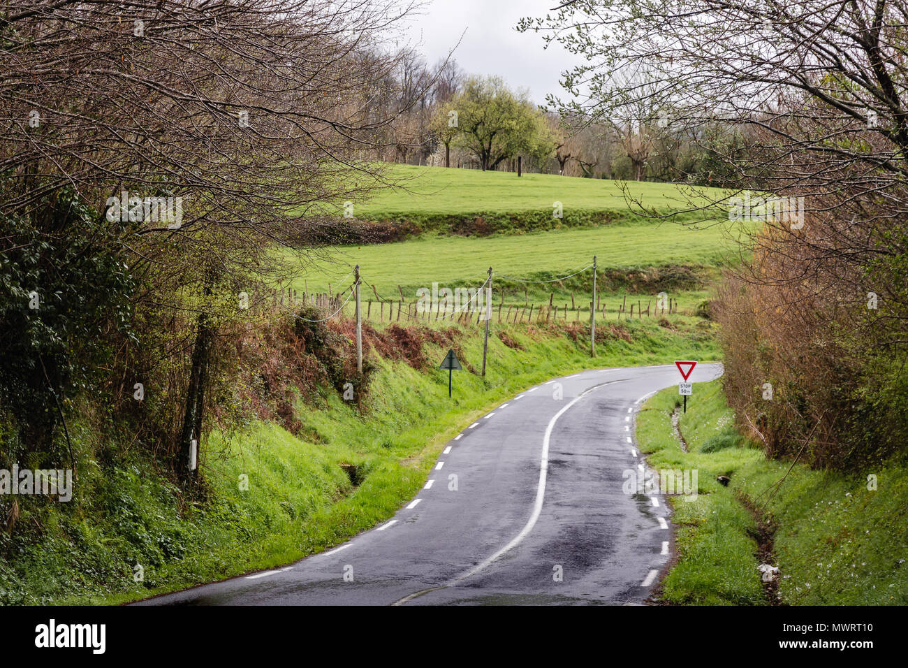 Wet, winding road in the French Basque Country Stock Photo