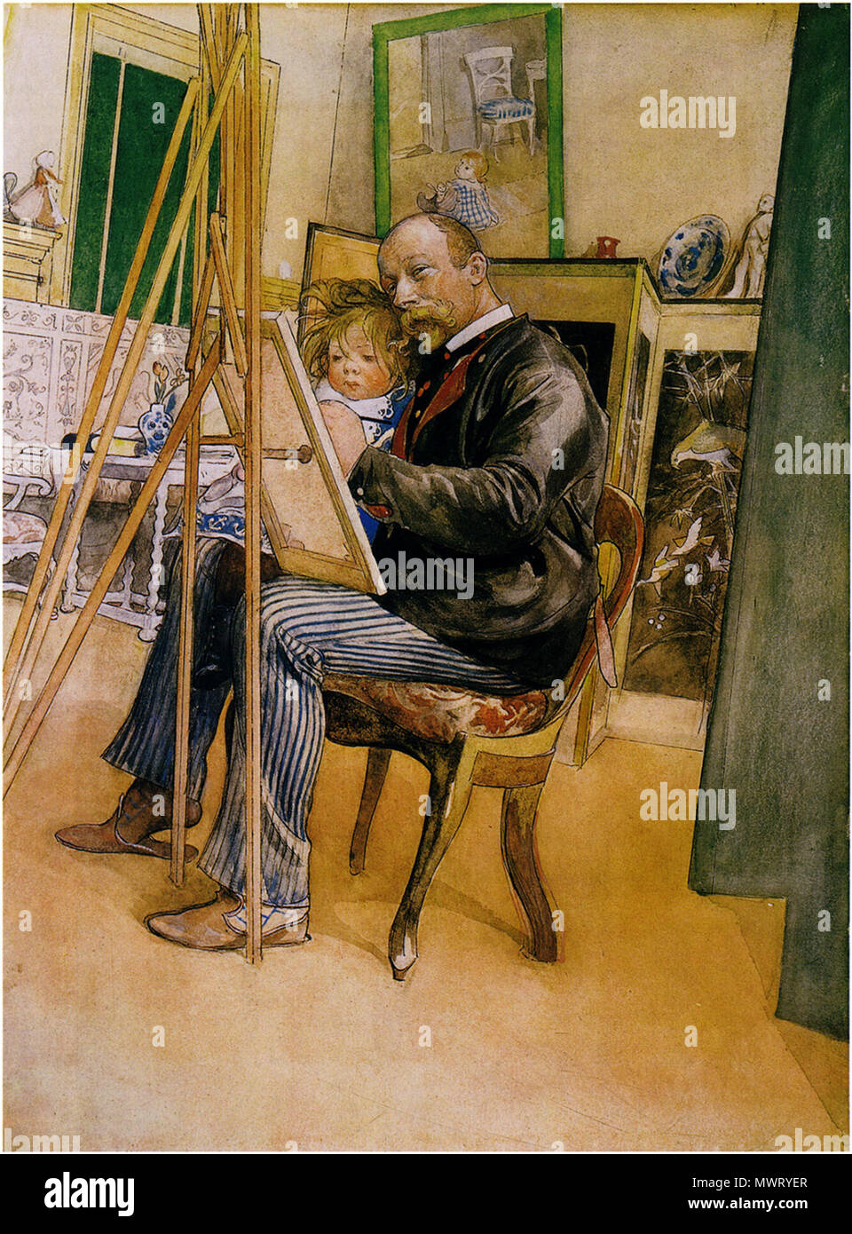 . Mirror Portrait (with Brita) . 1895.    Carl Larsson  (1853–1919)      Alternative names Carl Olof Larsson  Description Swedish painter, watercolourist, drawer, illustrator, cartoonist and designer  Date of birth/death 28 May 1853 22 January 1919  Location of birth/death Gamla stan Sundborn  Authority control  : Q187310 VIAF: 4932213 ISNI: 0000 0001 1020 2579 ULAN: 500006371 LCCN: n79106337 NLA: 36532500 WorldCat 569 Spegelbild (med Brita) Stock Photo