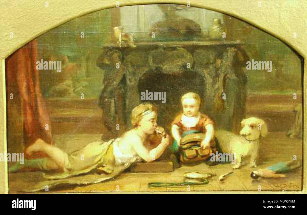 . Deutsch: 'Zwei spielender Kinder',sign., Öl/Malpappe, 25 x 37 cm . before 1900. Dürr, Wilhelm, der Jüngere 569 Spielende kinder Stock Photo