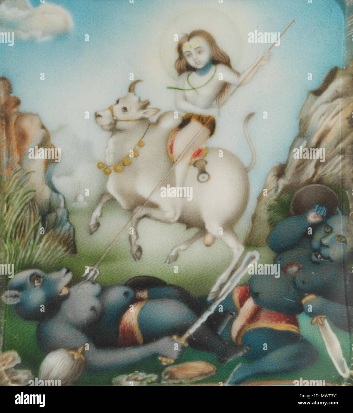 English: Physical description This painting depicts Shiva on the bull Nandi, destroying demons. Place of Origin Jaipur, India (made) Date ca. 1880 (made) Artist/maker Unknown (production) Materials and Techniques Watercolour on English: Physical description This painting depicts Shiva on the bull Nandi, destroying demons. Place of Origin Jaipur, India (made) Date ca. 1880 (made) Artist/maker Unknown (production) Materials and Techniques Watercolour on