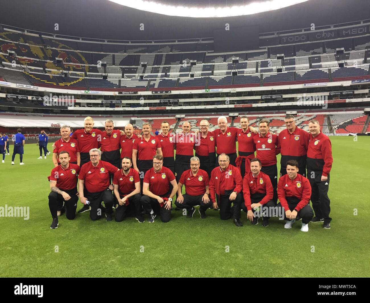 Scotland manager Alex McLeish (back row, sixth from right) and his staff during a training session at the Azteca Stadium in Mexico City ahead of the international friendly between Mexico and Scotland. Stock Photo