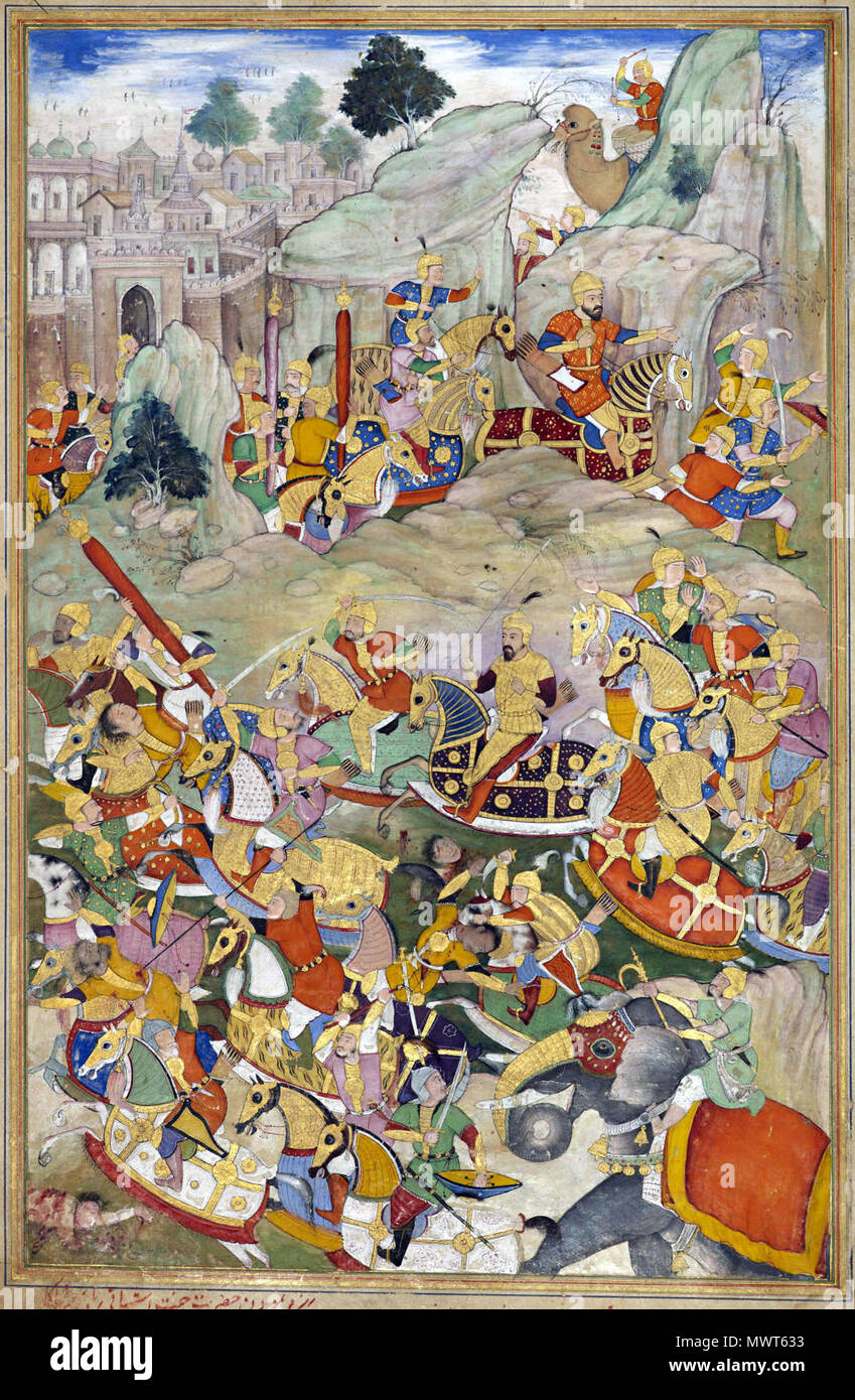 . English: Humayun finally defeated his rebellious brother Kamran in Kabul in 1553, in a battle that paved the way for his return. This painting was commissioned by Akbar c.1597, and is from the collection of the Aga Khan Museum (*more information*); click on the image for a large scan. Source: http://www.akdn.org/museum/detail.asp?artifactid=1498 (downloaded Apr. 2011) . circa 1597. This painting was commissioned by Akbar c.1597 288 Humayun finally defeated his rebellious brother Kamran in Kabul in 1553 Stock Photo