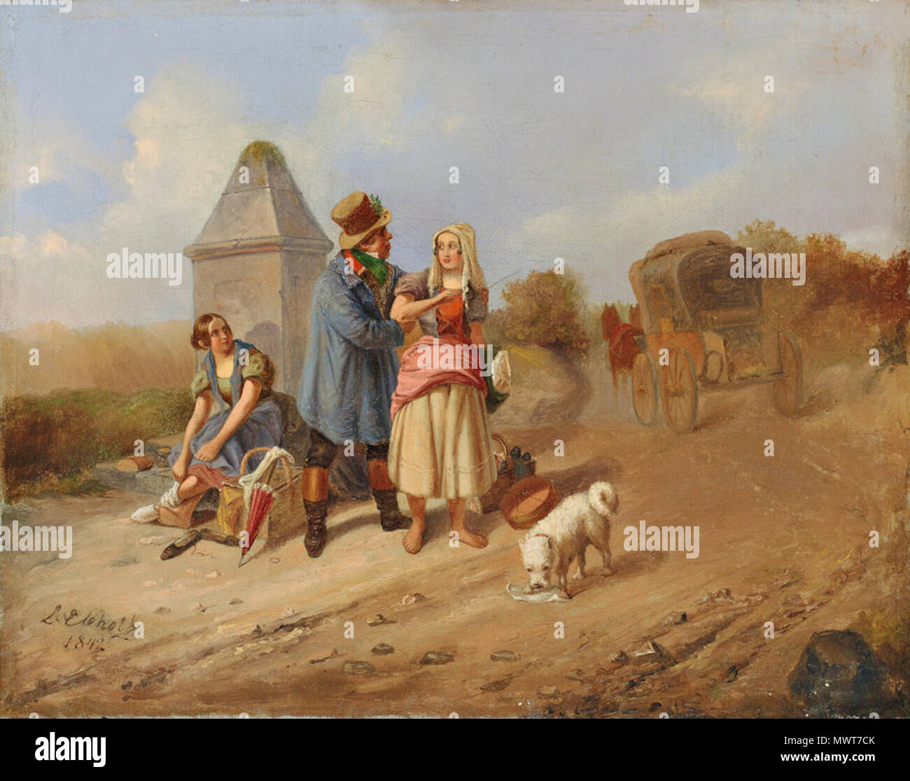 578 Straßenszene 1842 Kutscher und zwei Mädchen an einem Wegkreuz mit Postkutsche Stock Photo
