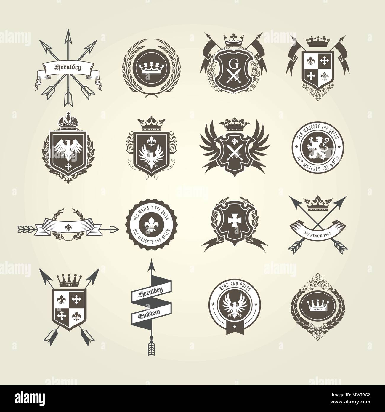 Coat of arms collection - emblems and blazons, heraldic crest with bow arrows Stock Vector