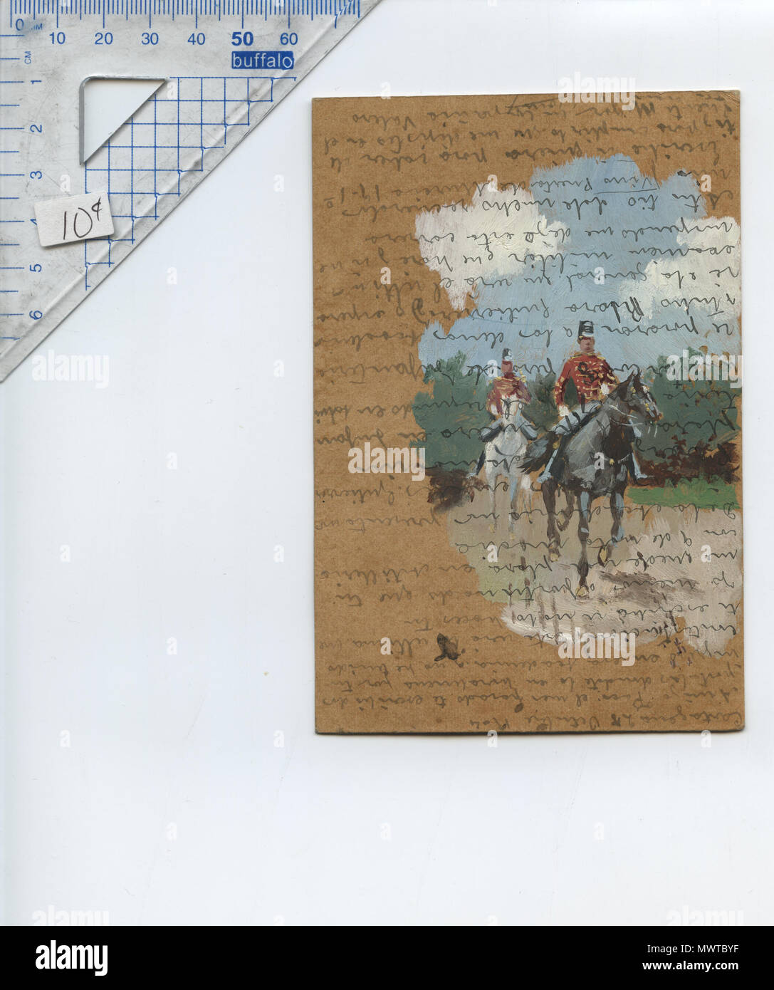 .  English: The Cavaliers - Los Caballeros; 2 horsemen in full military uniform, with red tunics, riding across a countryside. From the uniforms, could be anything from Napoleonic era (N. I.), to contemporary to the 1890s-1900s. miniature painting & over-written message on a post-card.unsigned.circa-1904.Sgouros collection-item 1.scan.jpg Impressionist style; somewhat resembling (anticipates?) a modern-art romantic-novel book-cover of the 1960s-1970s. Spanish Impressionist school, Madrid-style?; circa 1904 - postcard message is dated '28 Octobre 1904', therefore presumably the artwork was crea Stock Photo