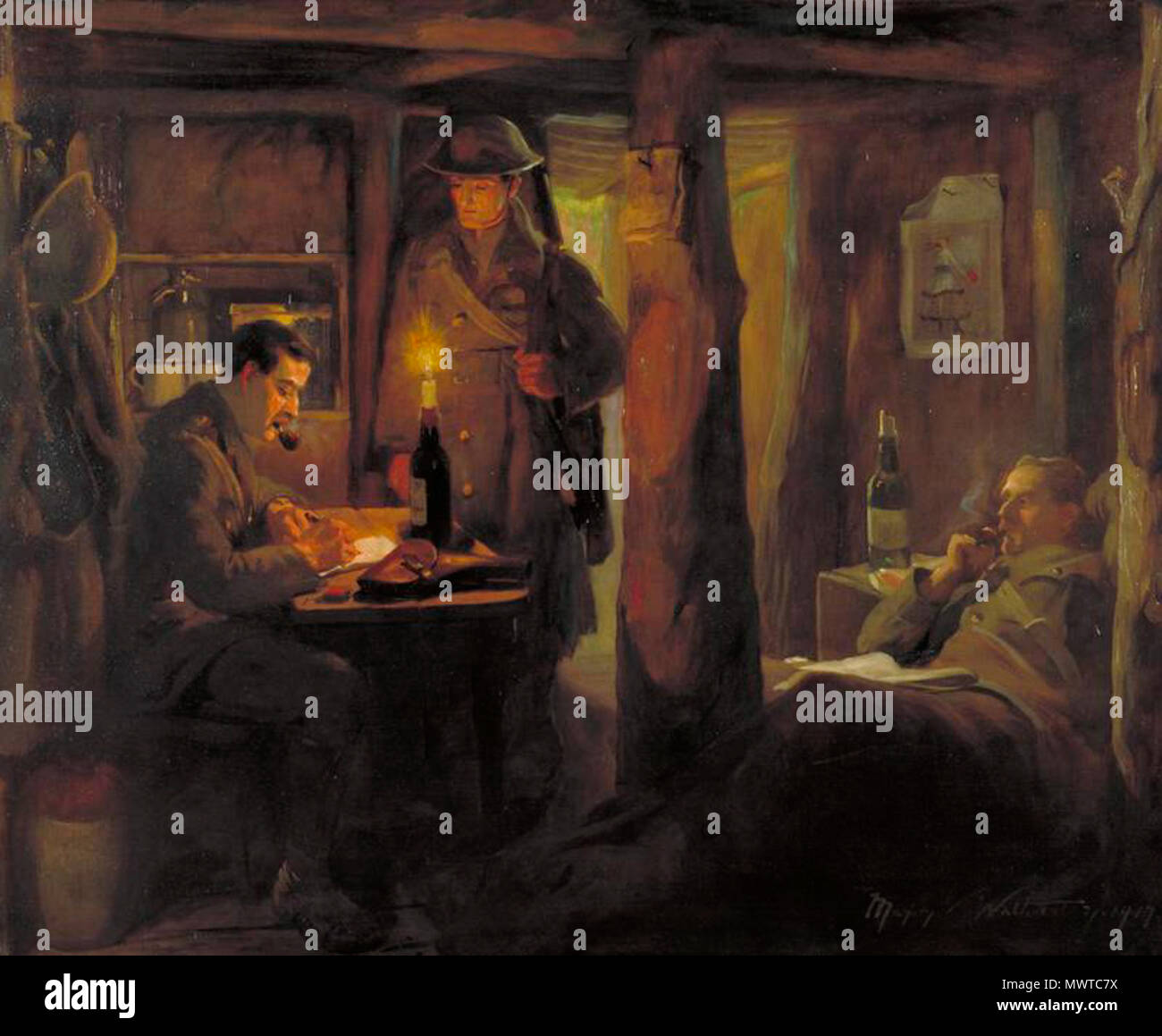 . English: The Dispatch (the Captain's Dugout) image: A dark, candle lit interior of a dug-out. On the left there is an officer smoking a pipe while sitting at a makeshift desk signing a paper. A messenger stands by in helmet and overcoat, waiting for the reply. There is another officer to the right who sits back in a low chair, a newspaper draped over his knees, also smoking a pipe. 1917 (First World War). Creator:Marjorie Violet Watherston 595 The Dispatch (the Captain's Dugout) Art.IWMART5199 Stock Photo