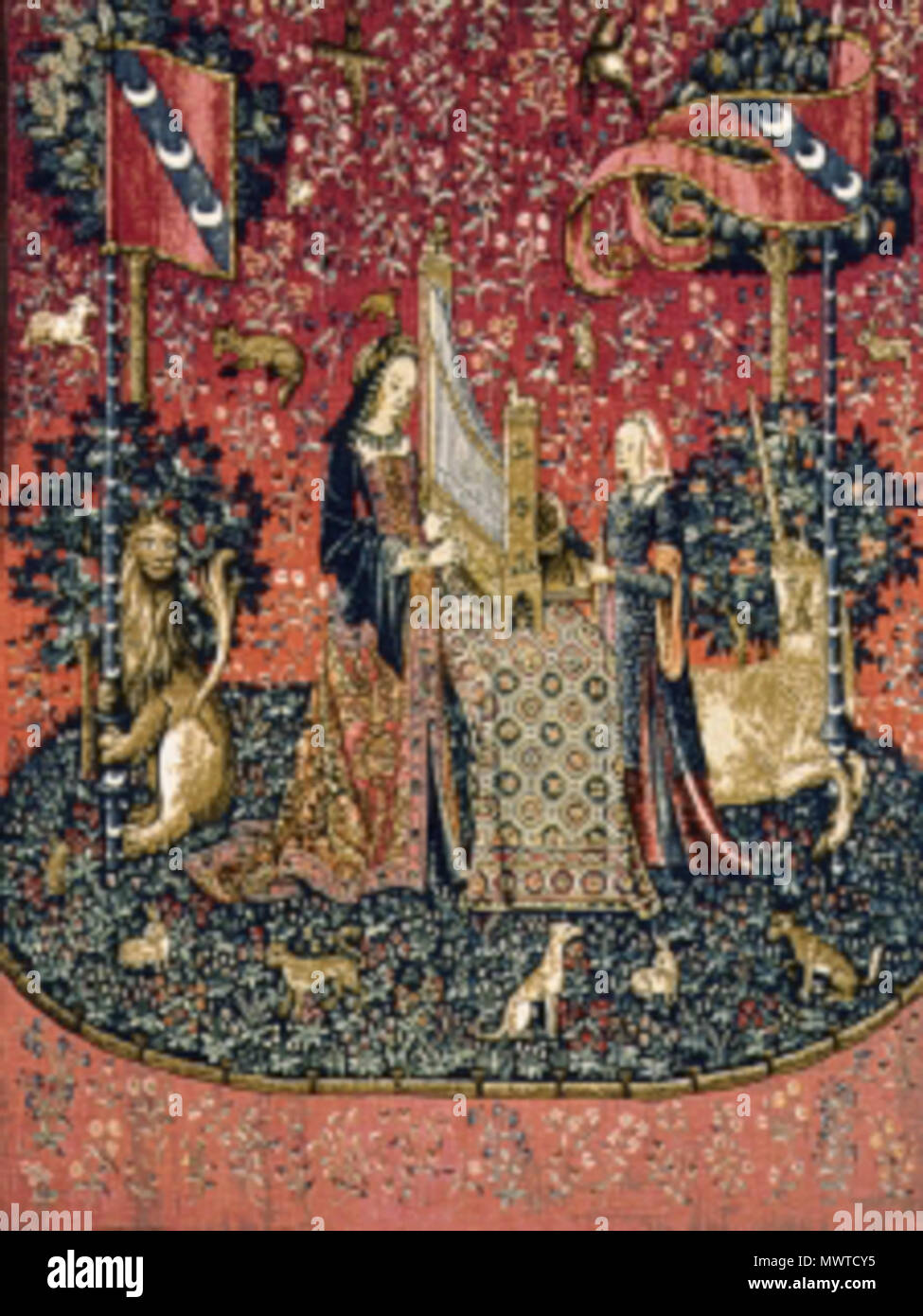 English: The Lady and the Unicorn, Hearing, 1484 – 1500, Paris (cartons),  Flanders (weaving), tapestry (wool and silk), 370 × 290 cm, National Museum  of the Middle Ages, Paris. Acquired 1882 (