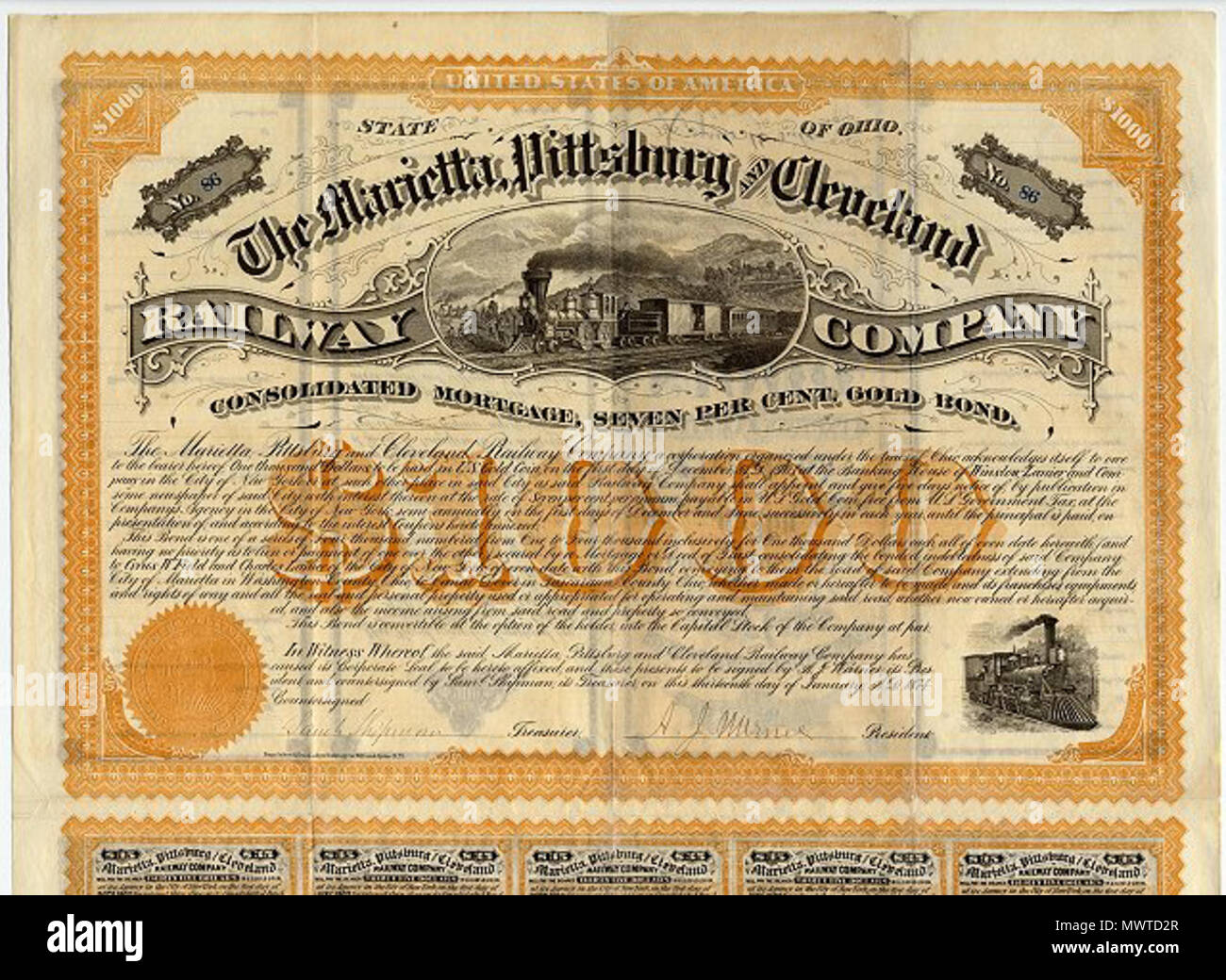 The Marietta Pittsburgh And Cleveland Railway Company 7 Consolidated Mortgage Goldbond 86 Uber 1 000 Masse 28 X 49 Anhangender Couponbogen Ruckseitig Im Original Als Trustee Unterschrieben Von Cyrus