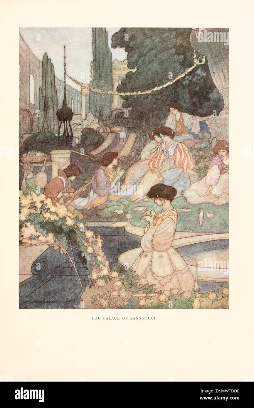 . English: The rich making merry in their beautiful houses while the beggars were sitting at the gates. Illustration to Oscar Wilde's The Happy Prince and Other Tales, by Charles Robinson. 1913. Charles Robinson 598 The palace of Sans Souci Stock Photo