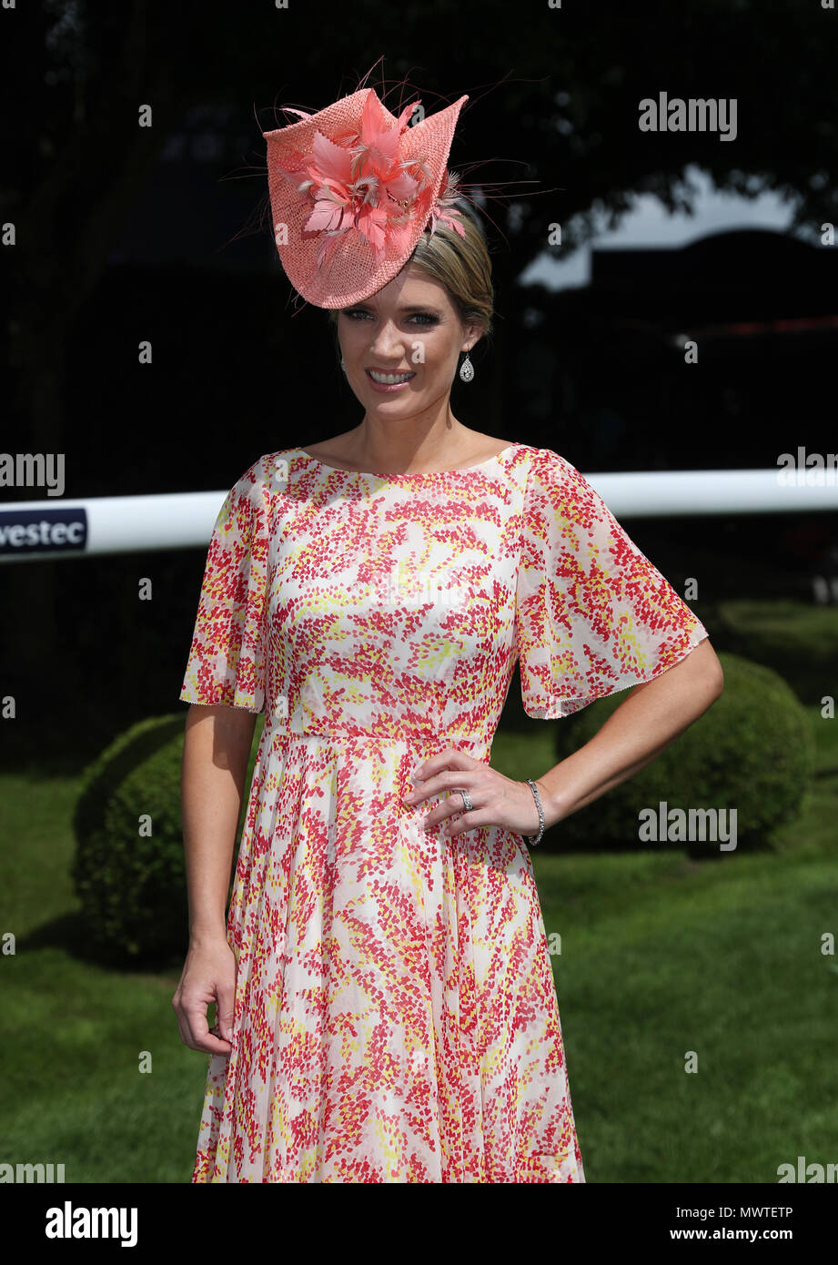 Charlotte Hawkins arrives during derby day of the 2018 Investec Derby