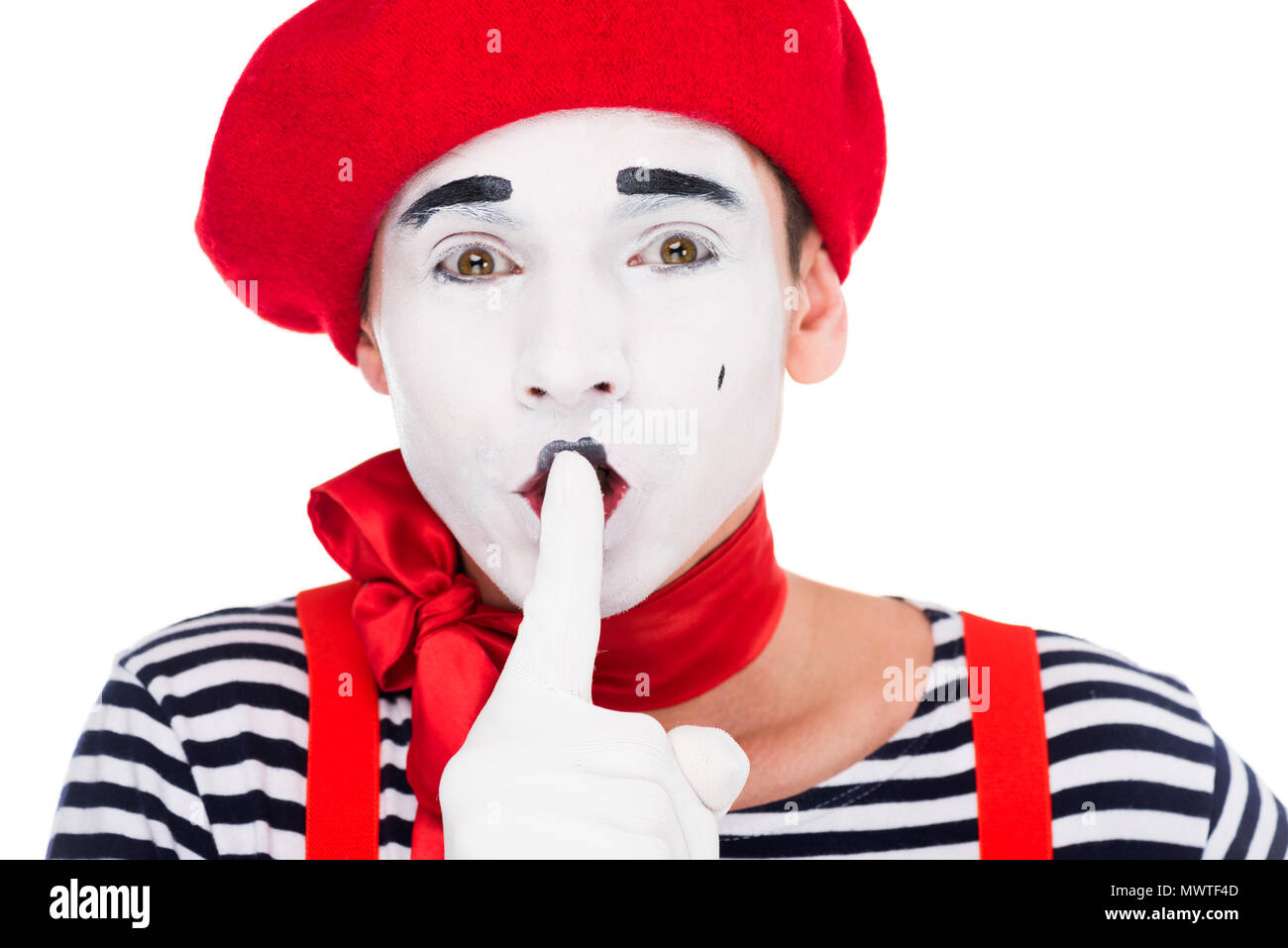 portrait of mime showing silence gesture isolated on white Stock Photo