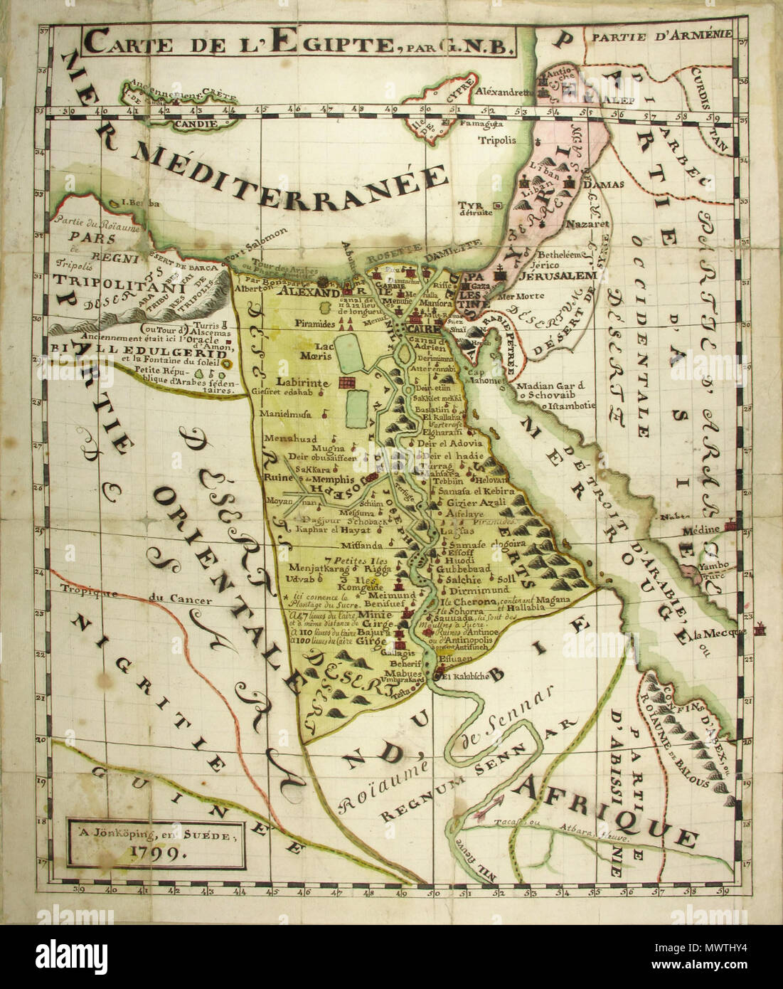 . English: Map of Egypt, made by the young Finnish nobleman Johan Henrik Tandefelt. Svenska: Den unge finske adelsmannen Johan Henrik Tandefelt (1781-1807) var åren 1796-1799 kadett vid Haapaniemi Kadettskola i Rantasalmi. Anteckningar och kartor från hans tid vid Haapaniemi har bevarats i Koskipää gårdsarkiv från Hartola, bland dem finns dessa två Egyptenkartor. En del av arkivet kom i hans systers Wendla Fredrika von Gerdtens ättlingars ägo och övergick till deras släktingar. Otto Fredrik von Gerdten (1861-1909) donerade före sin död handlingarna till Åbo historiska museum, som år 1934 depon Stock Photo