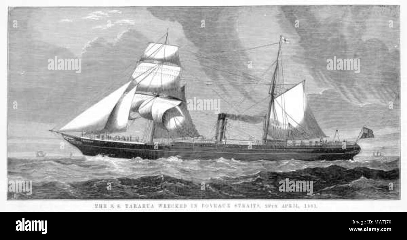 . Original caption: “ THE S. S. TARARUA WRECKED IN FOVEAUX STRAITS, 29TH APRIL, 1881. ” .  English: Shows steamship with sails on open ocean. The vessel was wrecked in April 1881, off the coast of New Zealand. Engraving published in Illustrated Australian news. . 1 June 1881 588 Tararua (Ship, 1964) - SLV mp004580 Stock Photo