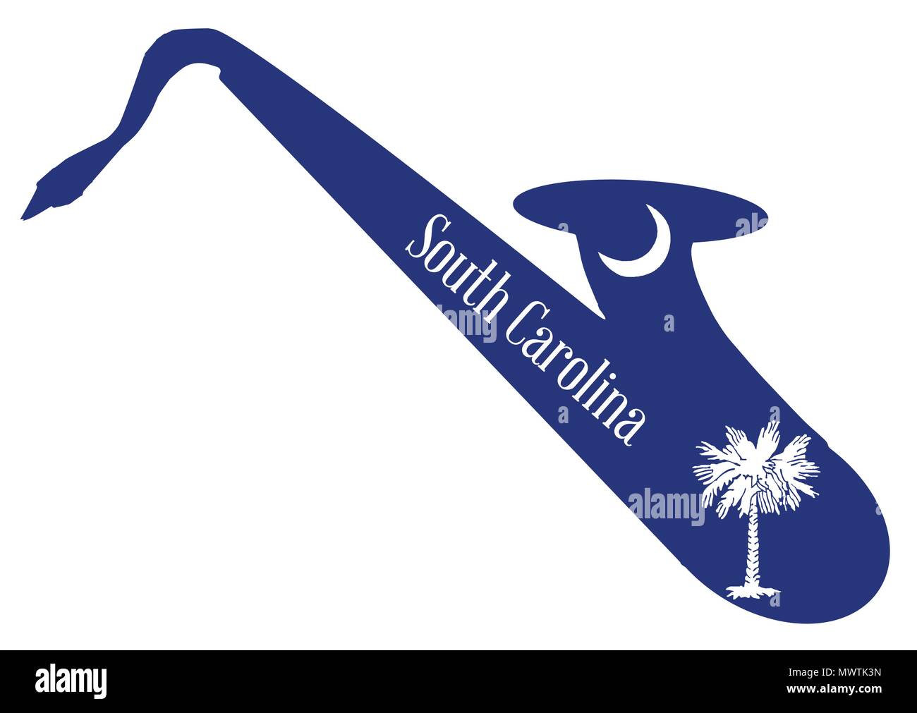 Silhouette of a saxophone with an impression the flag of the USA state of South Carolina over a white background Stock Vector