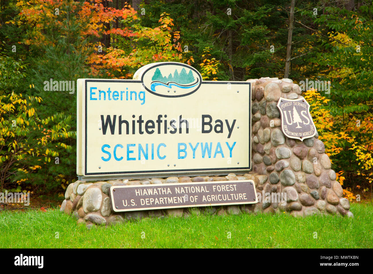 Byway sign, Whitefish Bay Scenic Byway, Hiawatha National Forest, Michigan Stock Photo