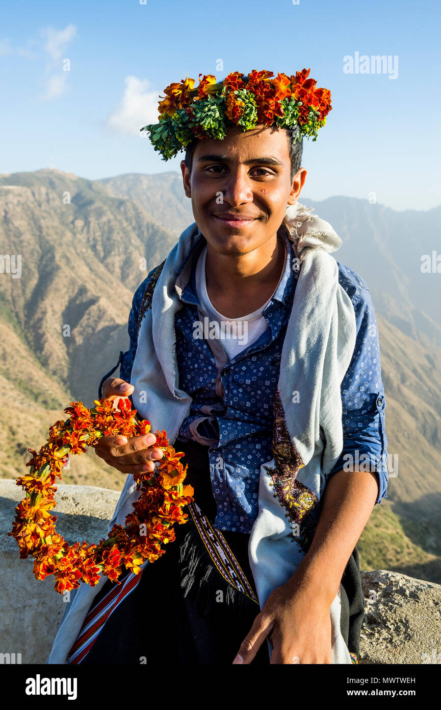 Famous flower man in Mount Souda, highest mountain in Saudi Arabia, Abha, Saudi Arabia, Middle East Stock Photo