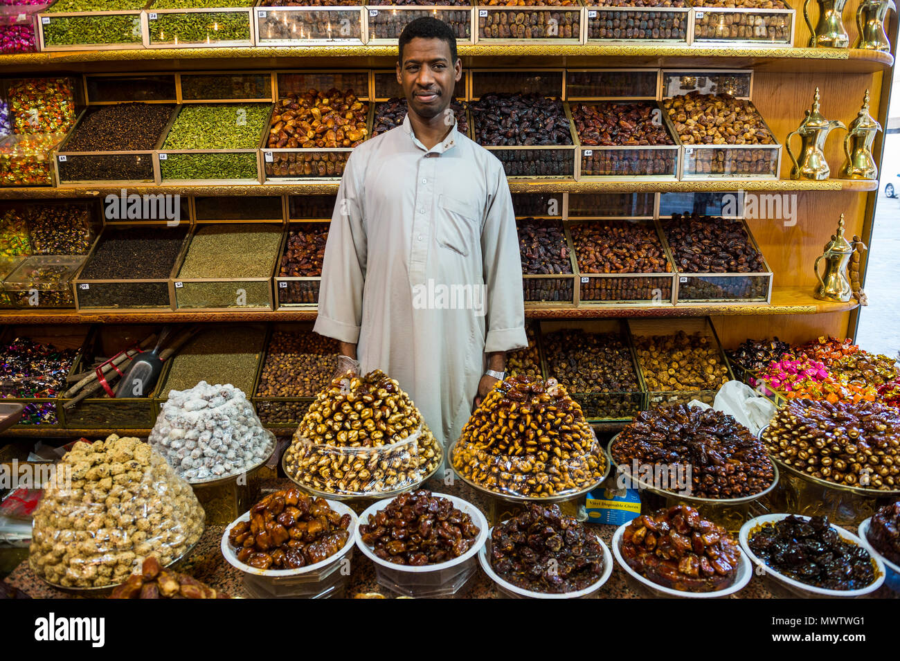 Date shop in the old town of Jeddah, Saudi Arabia, Middle East Stock