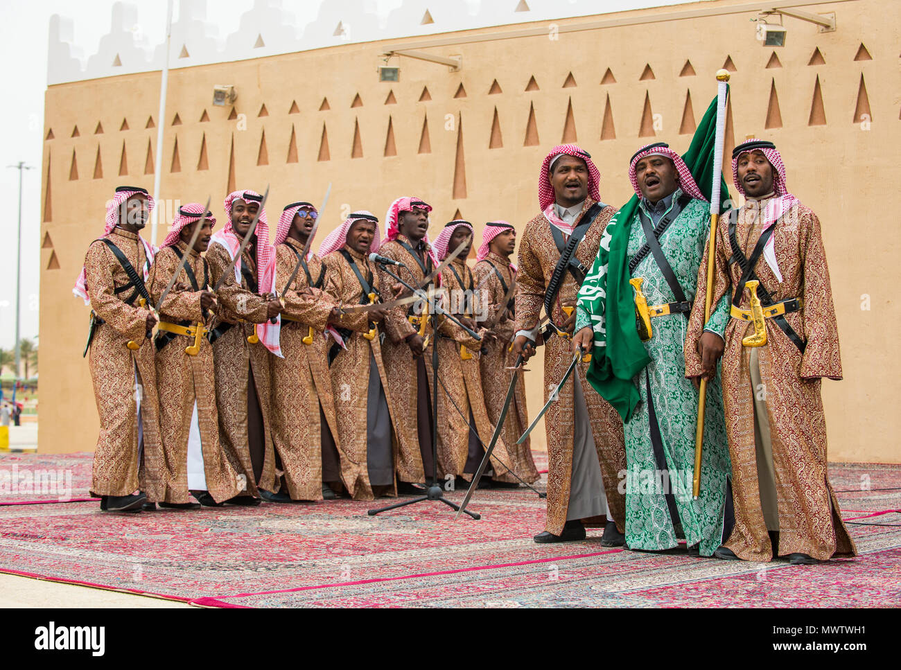 Colourful traditionally dressed men, Al Janadriyah Festival, Riyadh, Saudi Arabia, Middle East Stock Photo