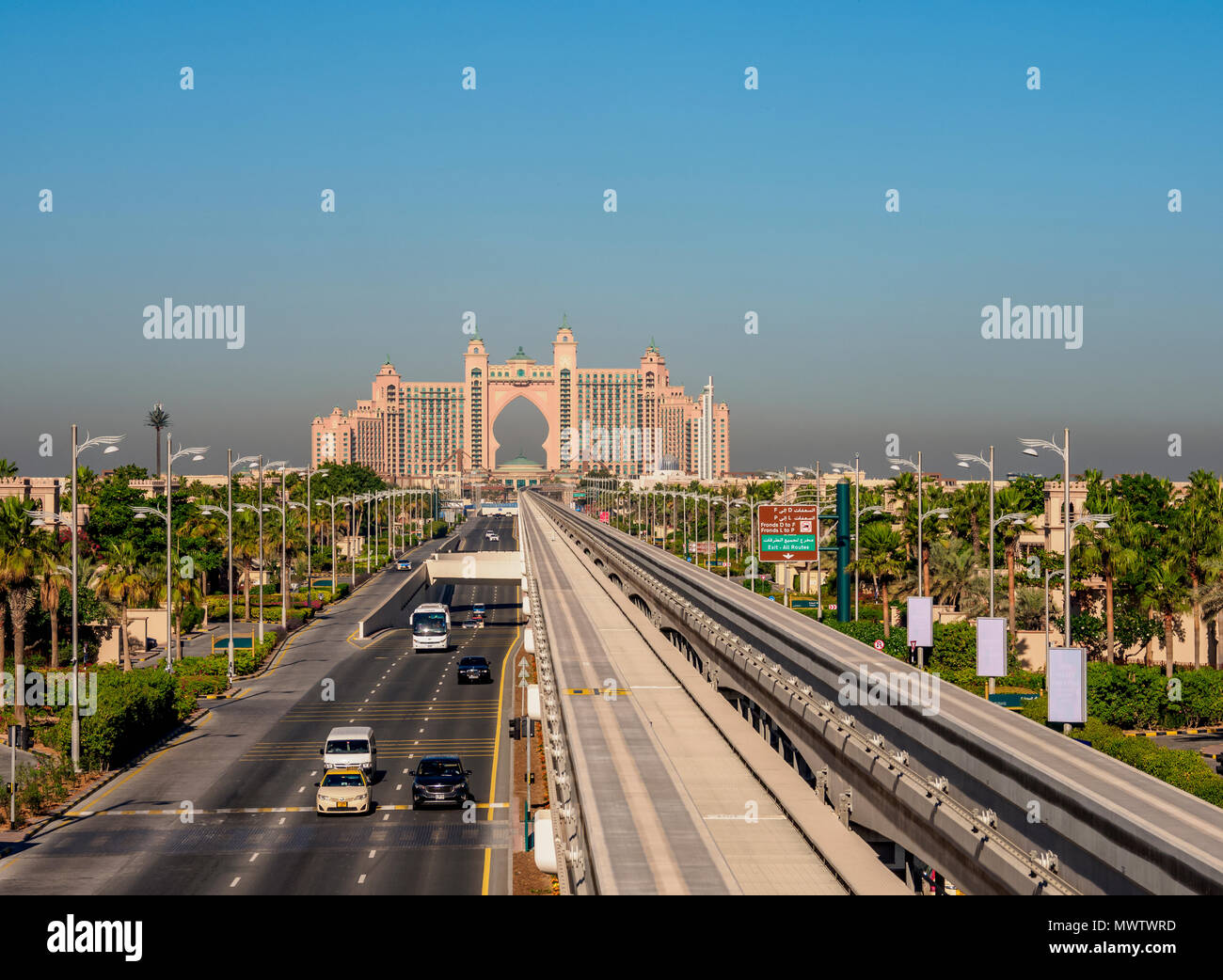 Monorail to Atlantis The Palm Luxury Hotel, Palm Jumeirah artificial island, Dubai, United Arab Emirates, Middle East Stock Photo