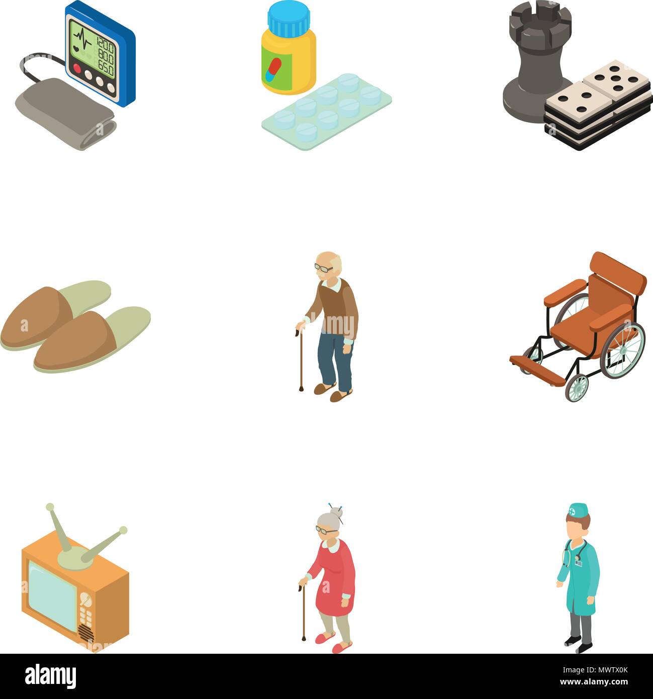 Senility icons set, isometric style Stock Vector