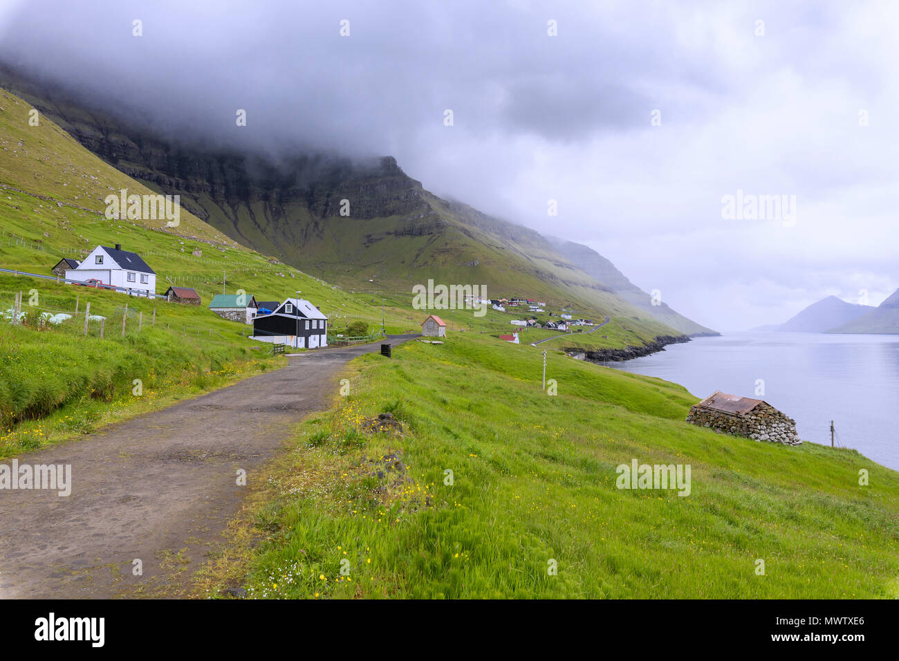 Road to the village, Kunoy Island, Nordoyar, Faroe Islands, Denmark, Europe Stock Photo