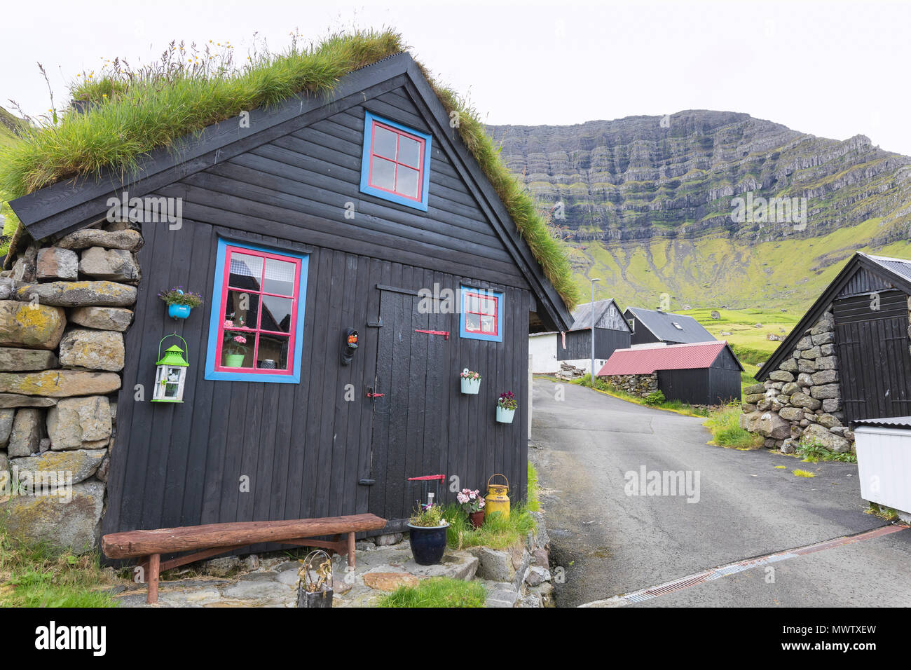 Traditional houses, Kunoy Island, Nordoyar, Faroe Islands, Denmark, Europe Stock Photo