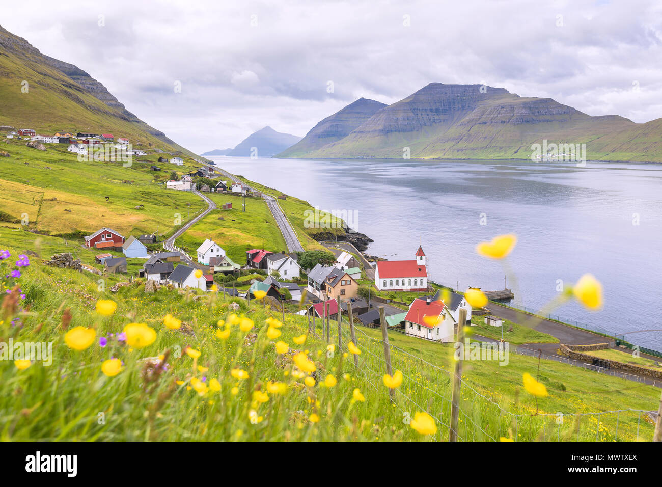 Village by the sea, Kunoy Island, Nordoyar, Faroe Islands, Denmark, Europe Stock Photo