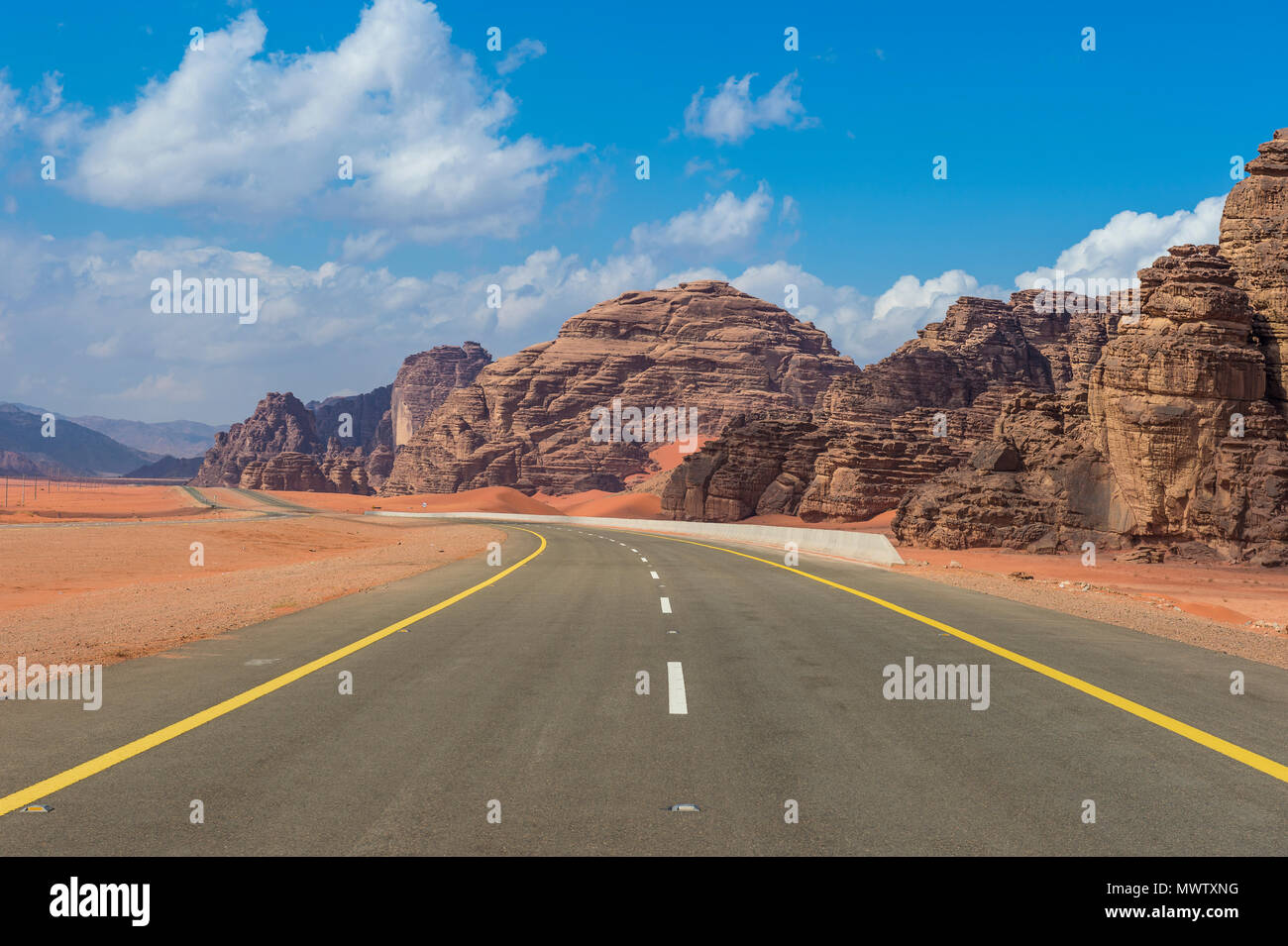 Road leading through the beautiful scenery in the northern territories of Saudi Arabia, Middle East Stock Photo