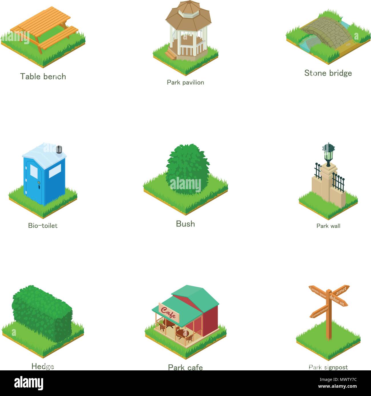 Urban greenery icons set, isometric style Stock Vector