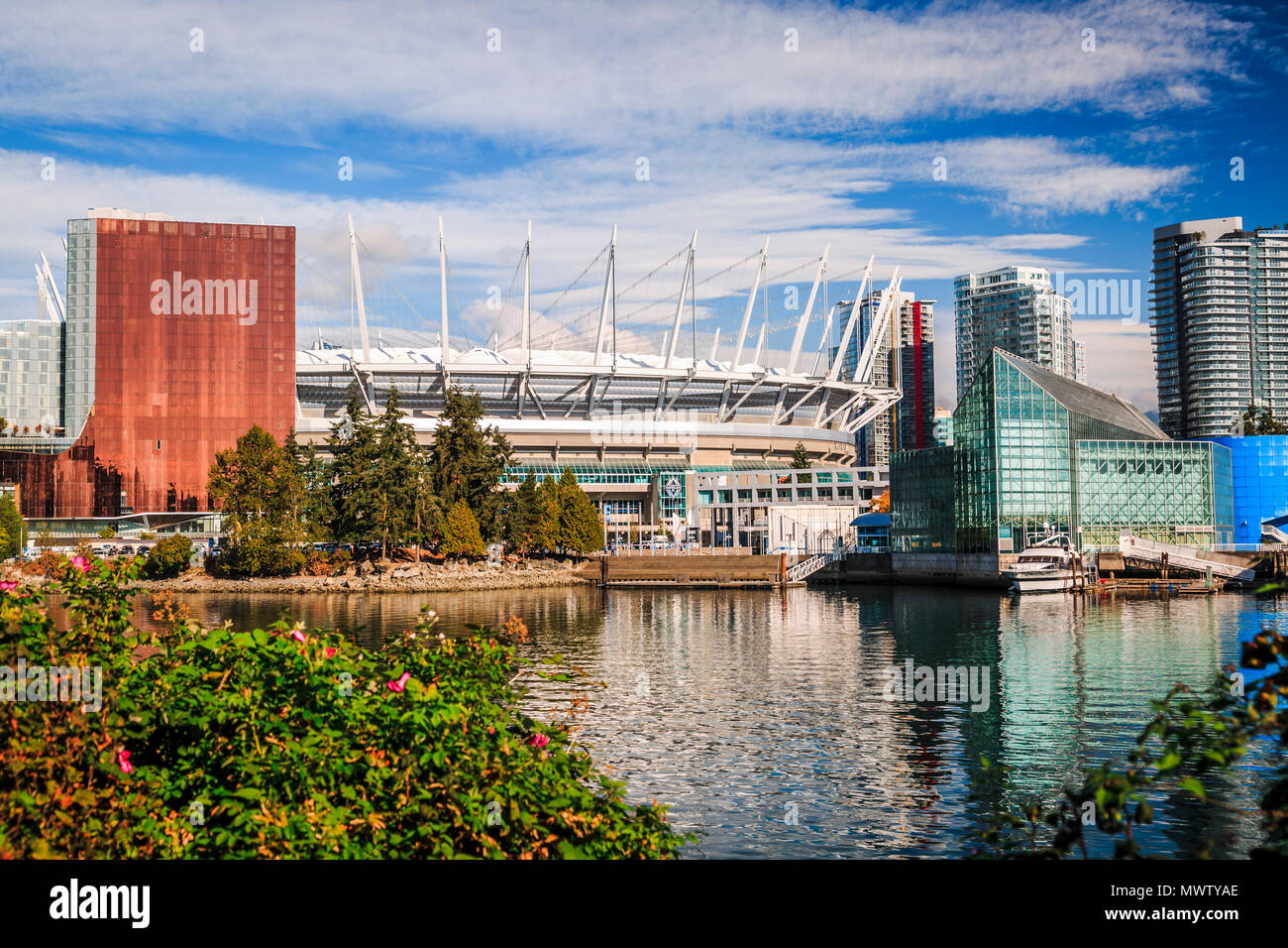 View of False Creek and Vancouver skyline, including BC Place, Vancouver, British Columbia, Canada, North America Stock Photo