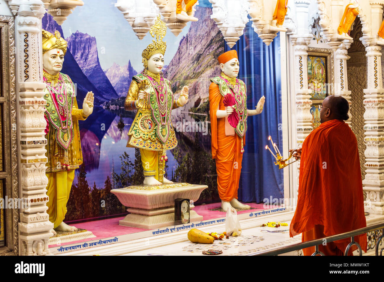 Mumbai India,Indian Asian,Mahalakshmi Nagar,Bhulabhai Desai Marg,Road,Shree Swaminarayan Temple,interior inside,Hindu,bindi,altar,statue,art artwork,a Stock Photo