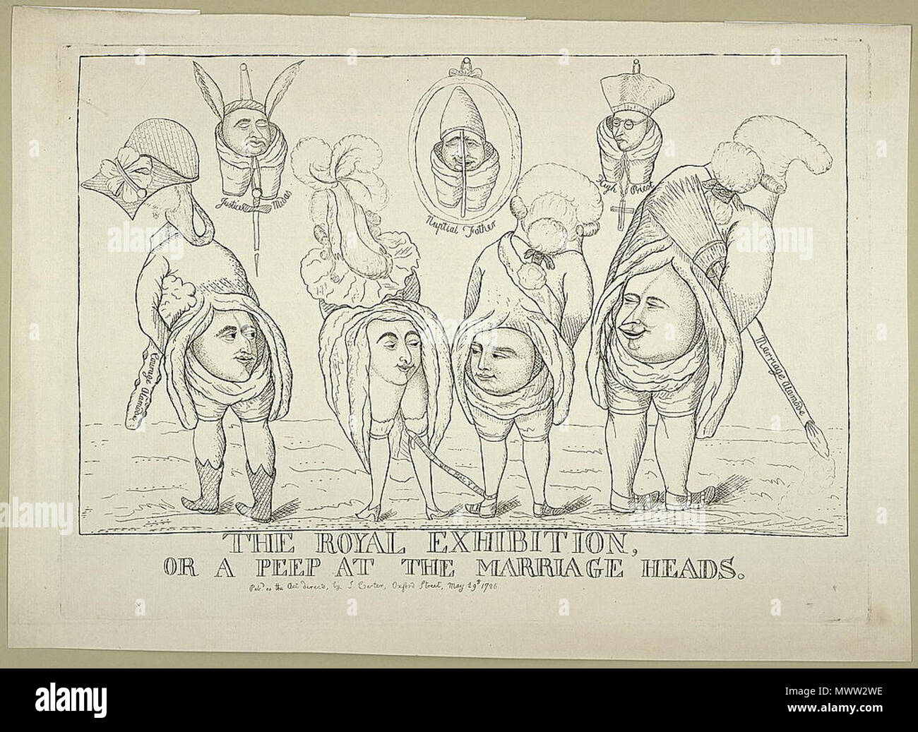 . Print shows a rear view of Maria Anne Fitzherbert and the Prince of Wales as bride and groom, they are connected by a ribbon on which is written 'honi soit qui mal y pense'; two figures, also rear views, look on, 'Courage alamode' from the left and 'Marriage alamode' from the right. Three rear view portraits hang on the wall in the background, from left, 'Justice Midas' with the ears of a donkey, 'Nuptial Father' (the Pope), and as 'High Priest' Edmund Burke. [London] : Pub'd ... by J. Carter, Oxford Street, 1786 May 29th.. Title from item. Paper watermarked: JWhatman. DLC Attributed to Will Stock Photo