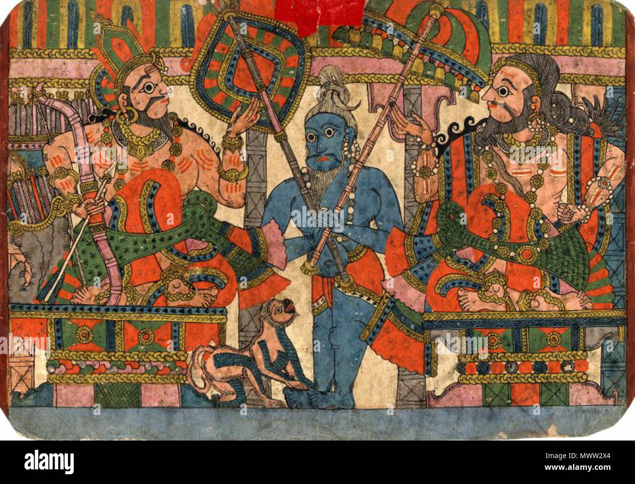 . English: Story-telling painting, in gouache, of the 'Paithan' type, illustrating a narrative from the Mahabharata. The sage Vyasa and the king Janamejaya. With a background of a pillared hall, the sage Vyasa, seen here on the right, narrates the story of Harishchandra to king Janamejaya. Both characters are seated facing each other on decorated thrones, with one knee resting on the seat and the other flexed, bound by a yogapatta. This detail signifies that they are steeped in a serious conversation. The king carries the appurtenances of his status: a crown on his head, bow leaning on his sho Stock Photo