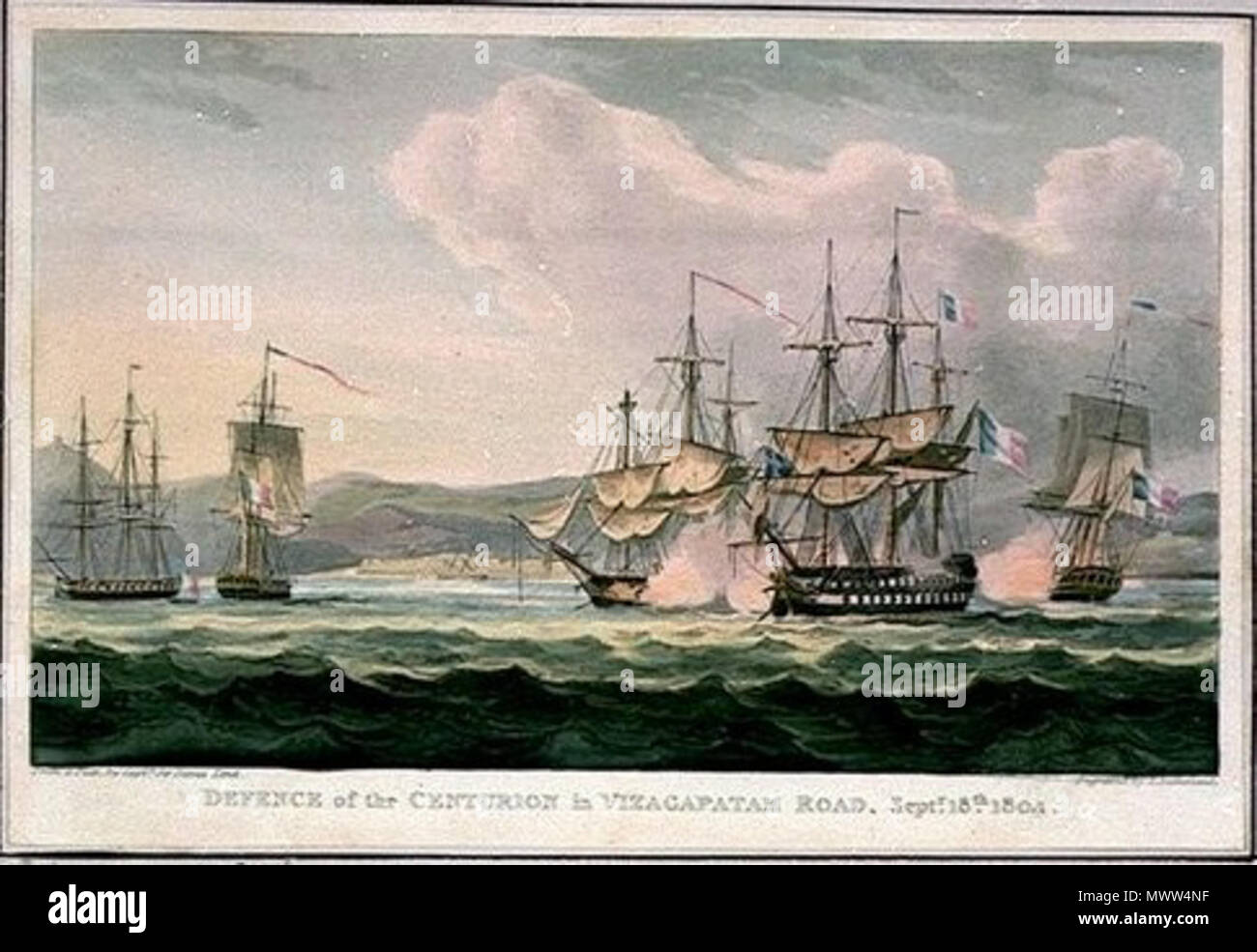 . English: Defence of the Centurion in Vizagapatam Road, Septr. 15th 1804 . 1818. Engraving by Thomas Sutherland after a painting by Sir James Lind 120 Centurion at Vizagapatam Stock Photo
