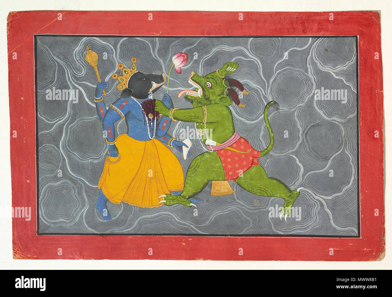 .  English: Varaha and Hiranyaksha: Folio from a Bhagavata Purana Series Attributed to Manaku (active ca. 1725–60) Date:  ca. 1740 Culture:  India (Guler, Himachal Pradesh) Medium:  Opaque watercolor on paper Dimensions:  Overall: 8 11/16 x 12 13/16 in. (22 x 32.5 cm) Classification:  Painting Credit Line:  Lent by Museum Rietberg Zürich, Gift of Balthasar and Nanni Reinhart Accession Number:  SL.17.2011.38.20 Rights and Reproduction: Museum Rietberg Zürich, Gift of Balthasar and Nanni Reinhart . circa 1740. Attributed to Manaku (active ca. 1725–60) 626 Varaha and Hiranyaksha Stock Photo