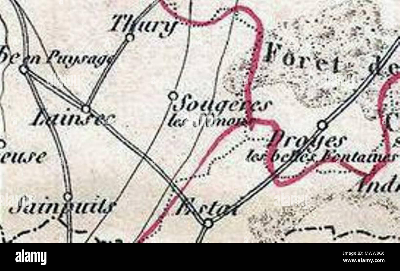 .  English: This is a fascinating 1852 map of the French department of L'Yonne, France. L'Yonne is of France's premier Burgundy wine region and produces some of the worlds finest reds. Yonne is also one of only two departments that produce Chaource cheese. Chaource is a cow's milk cheese, cylindrical in shape. The central pâte is soft, creamy in color, and slightly crumbly, and is surrounded by a white penicillium candidum rind. The whole map is surrounded by elaborate decorative engravings designed to illustrate both the natural beauty and trade richness of the land. There is a short textual  Stock Photo