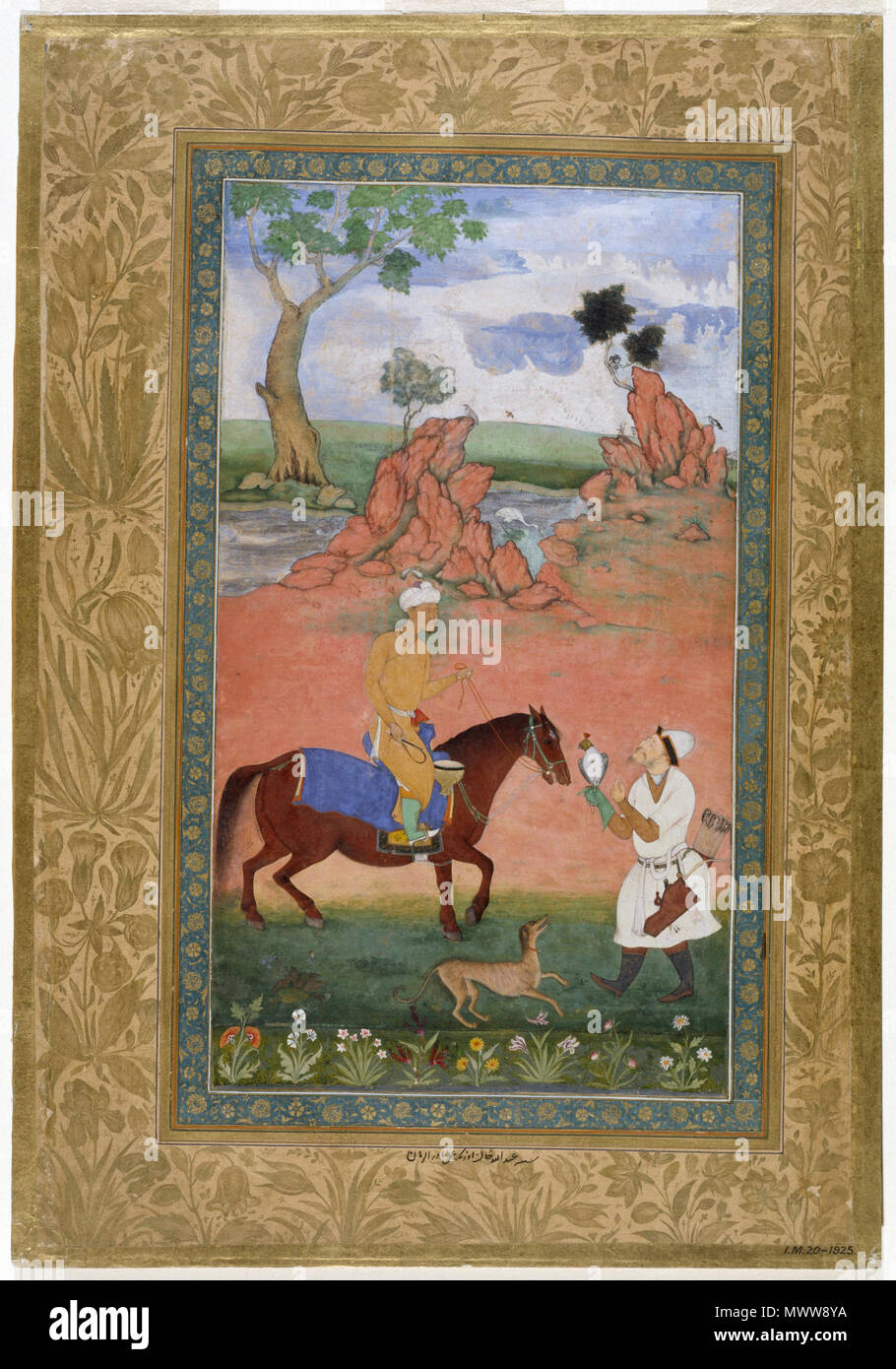 . English: Abdullah Khna II of the Shaybanid dynasty ruled Transsoxiana from his capital at Bukhara from 1583-1598. He is attended by a falconer with a hooded bird and his saddle is a falconer's drum . circa 1618(made). Unknown 23 Abdullah Khan Uzbeg out hawking Stock Photo