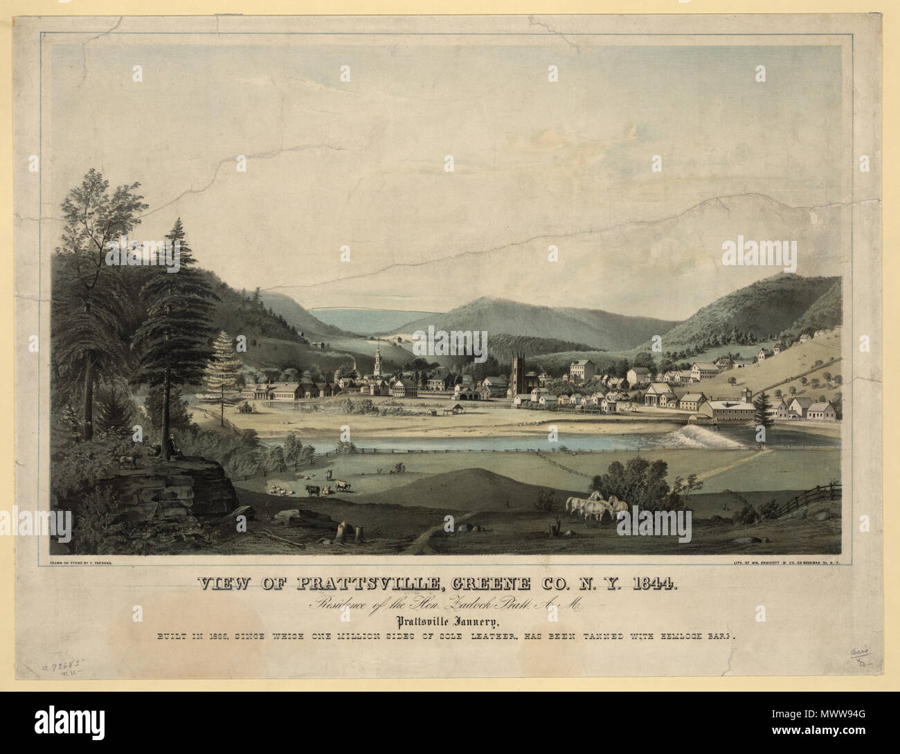 . English: A drawing and lithograph of Prattsville from 1844. The text below the drawing reads: VIEW OF PRATTSVILLE, GREENE Co. N. Y. 1844. Presidence of the Hon. Zadock Pratt. A. M. Prattsville Tannery, BUILT IN 1825, SINCE WHICH ONE MILLION SIDES OF SOLE LEATHER, HAS BEEN TANNED WITH HEMLOCK BARK. 1844. C. Parsons 501 Prattsville New York 1844 drawing uncropped Stock Photo