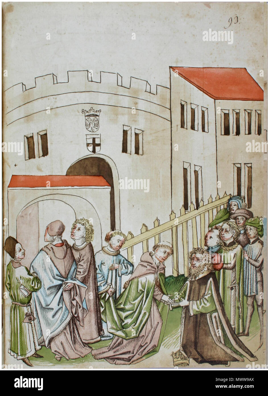 346 Konstanzer Richental Chronik Die Mitglieder des Konklaves betreten das Kaufhaus, König Sigmund versbschiedet sich 93r Stock Photo