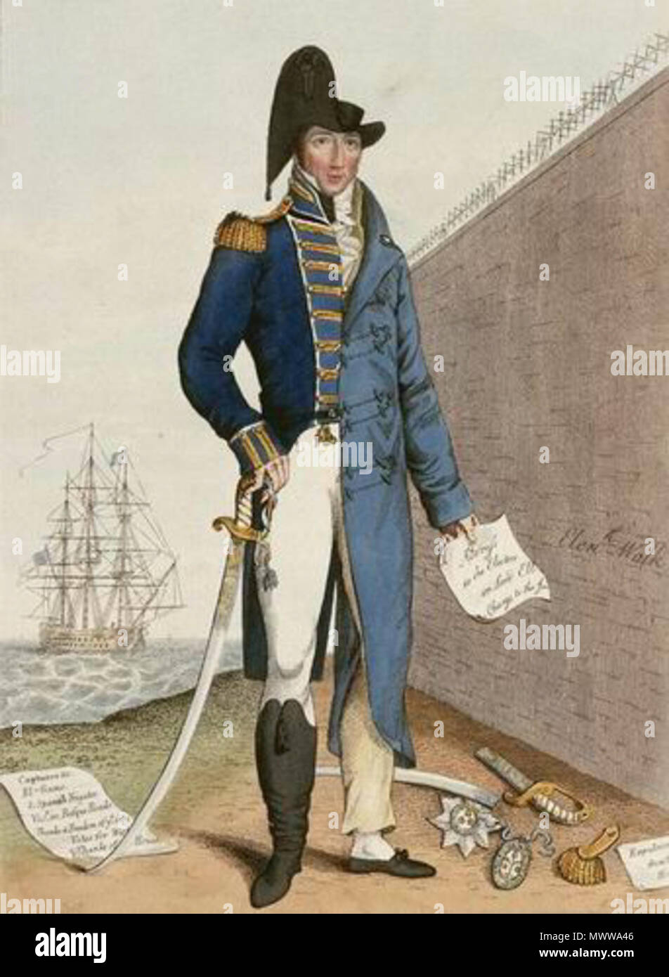 . English: Things as they have been. Things as they now are. Caricature of Lord Cochrane made shortly after his conviction for fraud in 1814. The left side of the image depicts Cochrane as a heroic naval officer. He wears his Royal Navy uniform and on the floor beside him is a list of his notable battles. The right side depicts him as a disgraced civilian within the walls of the King's Bench Prison. His sword, epaulette and badge of the Order of the Bath lay broken and scattered on the floor. 8 May 1815. C Dyer (publisher) 135 Cochrane Stock Exchange Stock Photo