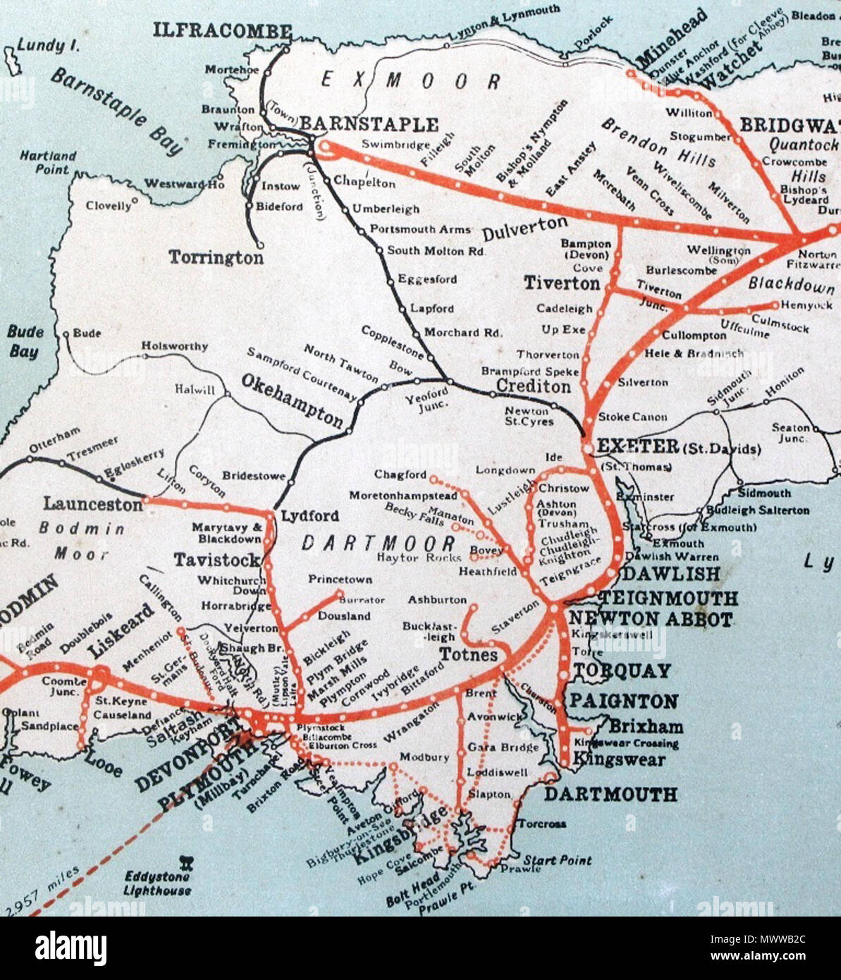 . English: The Great Western Railway system in Devon, England. circa 1930. Great Western Railway 261 GWR map Devon Stock Photo