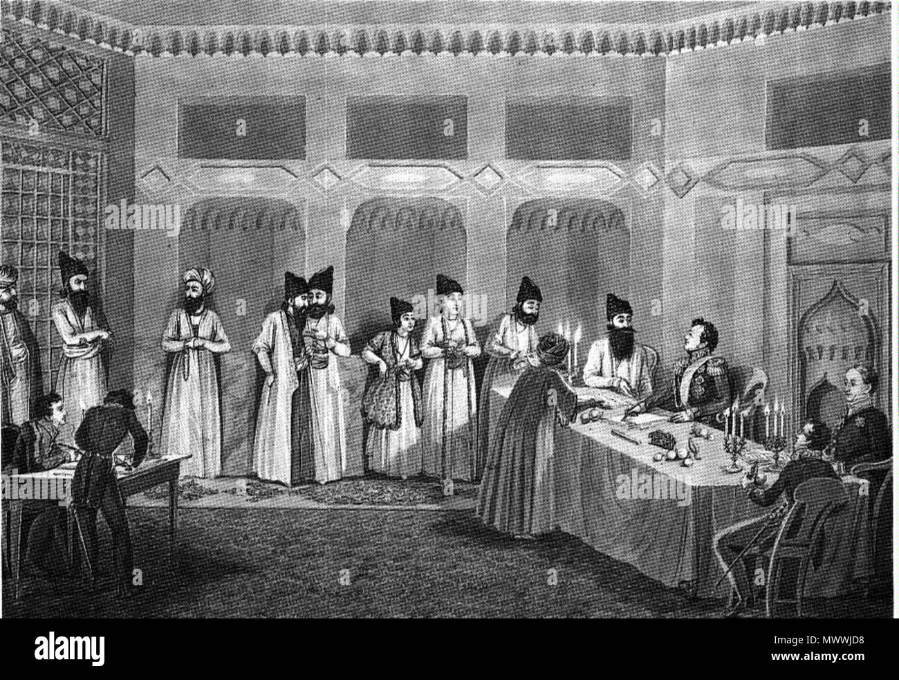 . Ivan Paskevich with Abbas Mirza sign the Treaty of Turkmanchay at the conclusion of 1826-1828 Russo-Persian wars. after 1828. Vladimir Moshkov (1792-1839) 614 Treaty of Turkmenchay by Moshkov Stock Photo