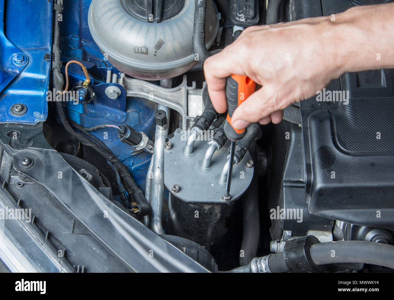 Repairman starts to change fuel filter in the car Stock Photo Alamy