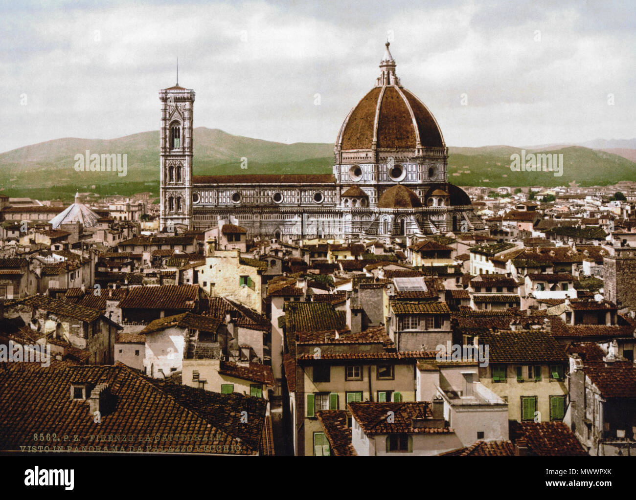 .  English: Title from the Detroit Publishing Co., Catalogue J--foreign section, Detroit, Mich. : Detroit Publishing Company, 1905.  Italiano: P.Z. ('Photochrom Zuerich'), n. 8562 - La cattedrale - Visto in panorama da Palazzo vecchio.  . between ca. 1890 and ca. 1900. P.Z. ('Photochrom Zuerich'). 594 The Cathedral panoramic view from Vecchio Palace Florence Italy Stock Photo