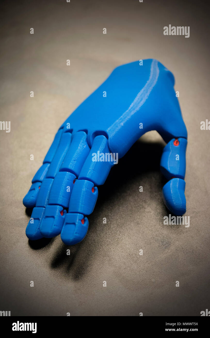 3D Printed Blue Prosthetic Hand Stock Photo