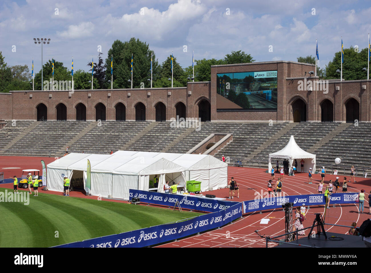 ASICS Stockholm (STHLM) Marathon 2018. Wide angle view of tents in the playground of the classical architecture of the Stadion (stadium) where the marathon is taking place. The stadion was specially built to host the Olympic Games in 1912.  Stockholm, Sweden. 2nd June 2018. Credit: BasilT/Alamy Live News Stock Photo