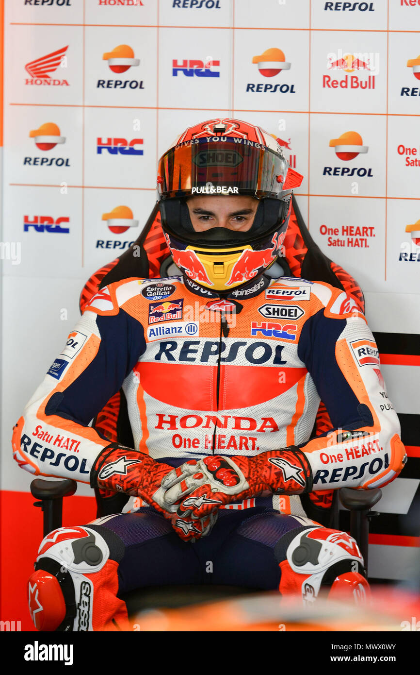 Florence, Italy. 2nd June 2018. Marc Marquez of Spain and Repsol Honda Team  looks on in box during Qualifying MotoGP Gran Premio d'Italia Oakley-at  Mugello Circuit. on may 31, 2018 in Scarperia