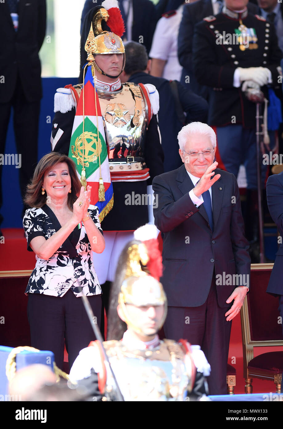 Rome, Italy. 2nd June, 2018. Italian President Sergio Mattarella (R) and Senate Speaker Maria Elisabetta Alberti Casellati attend the ceremony marking the Republic Day in Rome, Italy, on June 2, 2018. Credit: Alberto Lingria/Xinhua/Alamy Live News Stock Photo