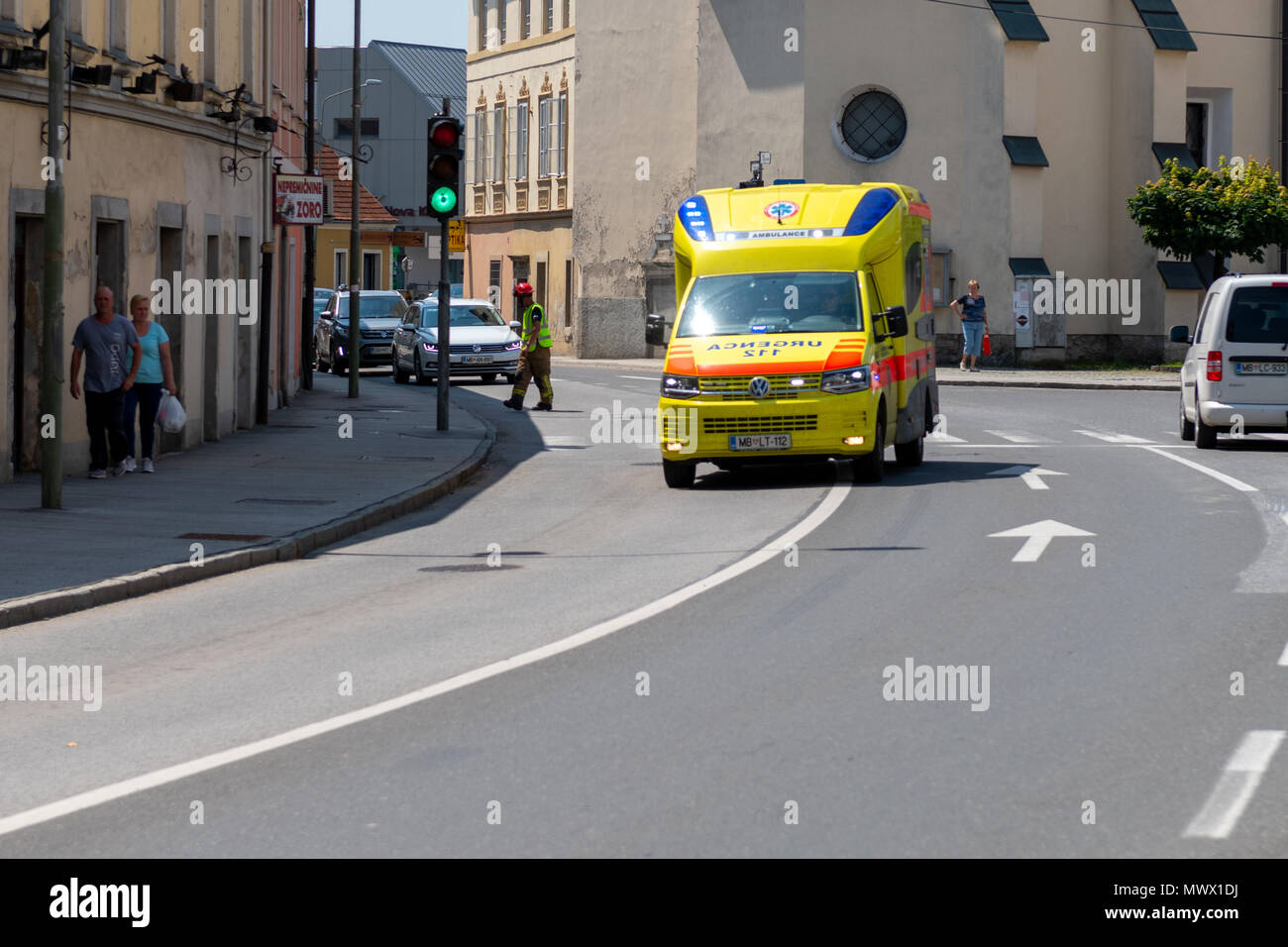 Slovenska Bistrica, Slovenia. June 2nd 2018.  Emergency Services Workers train in joint action with Rescuers, Firemen, Police and Red Cross in Slovenska Bistrica to ensure readiness in case of emergency. Majority of participants are volunteers in local fire brigades and Red Cross. Credit: Andrej Safaric/Alamy Live News Stock Photo