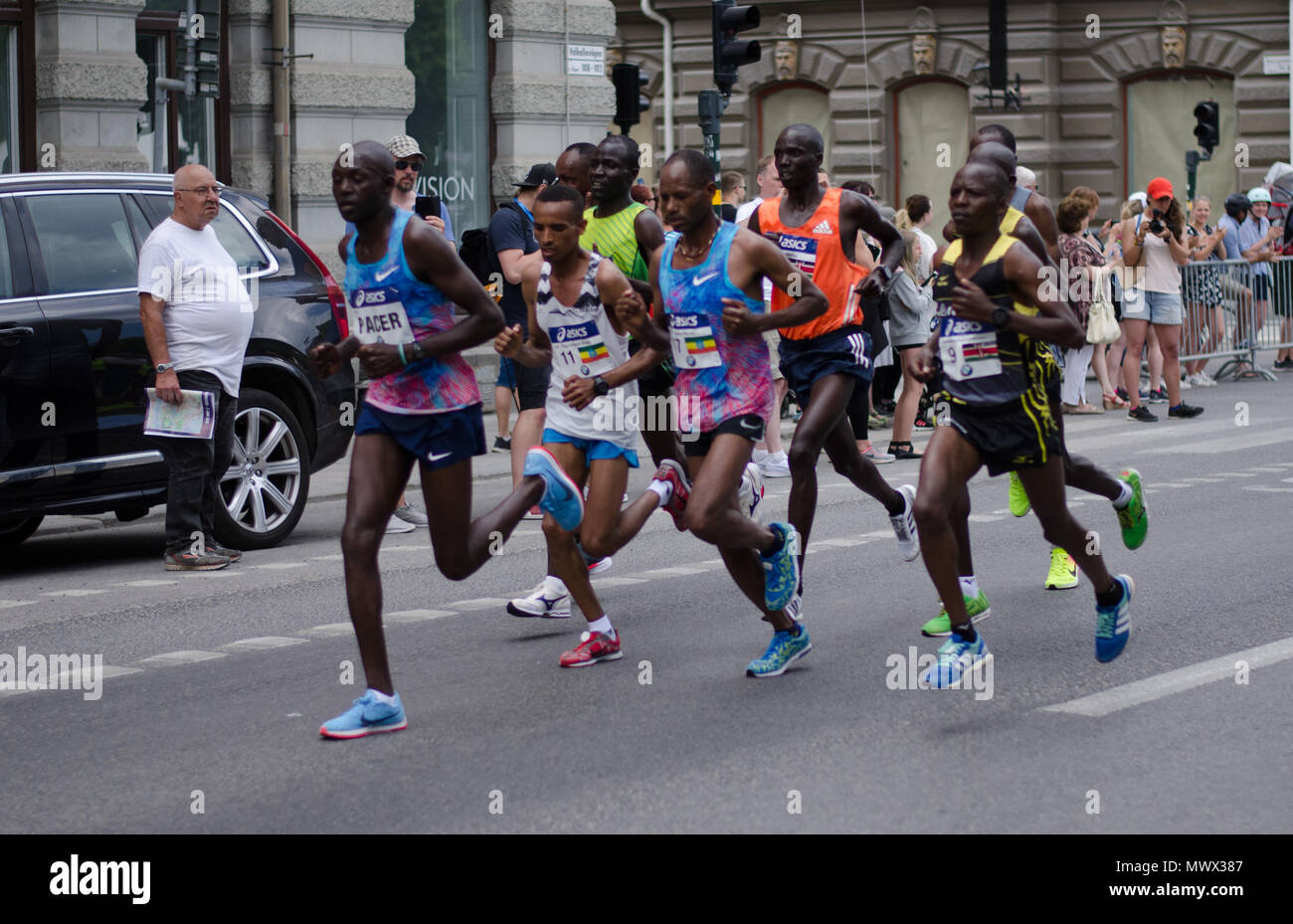 Stockholm, Sweden. 2nd June 2018. The chasing group after 46 minutes of the 40th Stockholm marathon 2018 in very hot conditions. Credit: Jari Juntunen/Alamy Live News Credit: Jari Juntunen/Alamy Live News Credit: Jari Juntunen/Alamy Live News Stock Photo